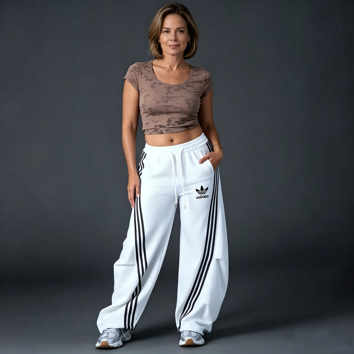 Women's Striped Wide‑Leg Sweatpants, Casual High Waist Drawstring Loose Fit Sport Trousers with Pockets for Daily Workout Streetwear