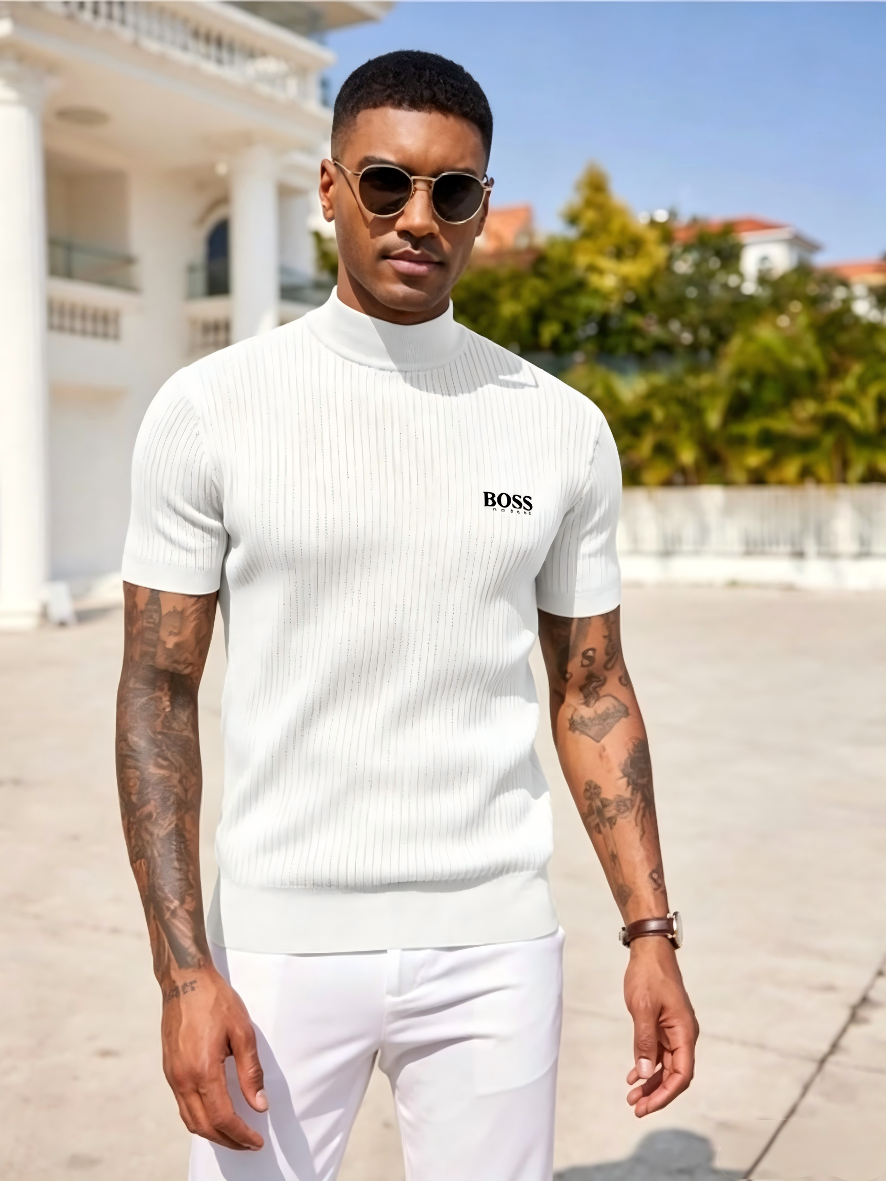 Men's high-neck short-sleeved knit sweater, vertical striped slim-fit pullover T-shirt, casual business top.