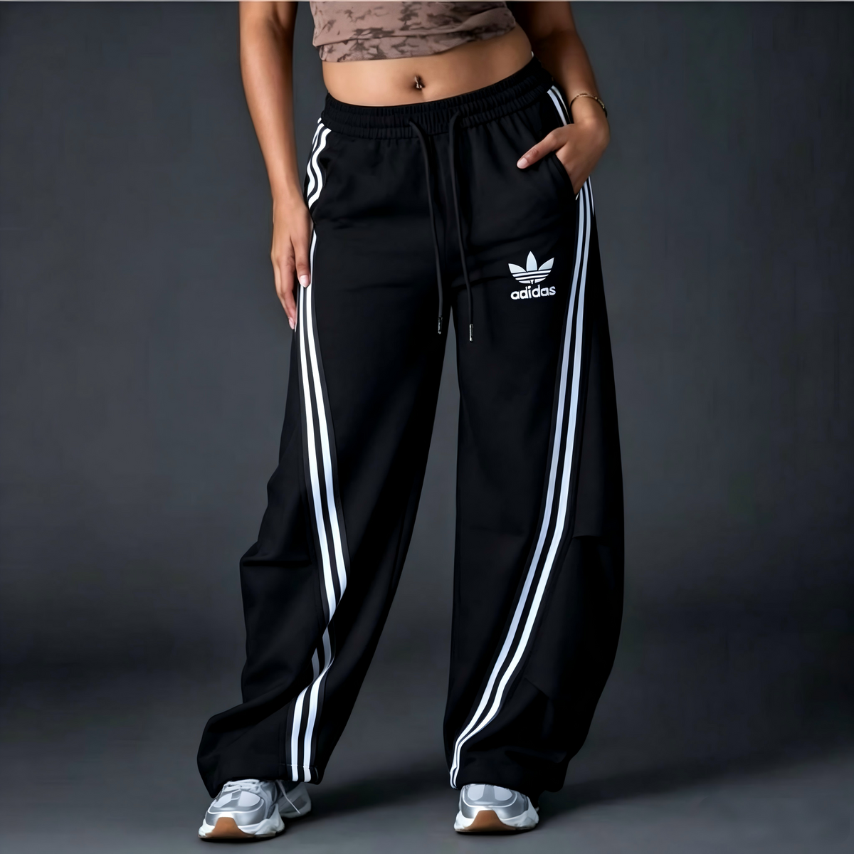 Women's Striped Wide‑Leg Sweatpants, Casual High Waist Drawstring Loose Fit Sport Trousers with Pockets for Daily Workout Streetwear