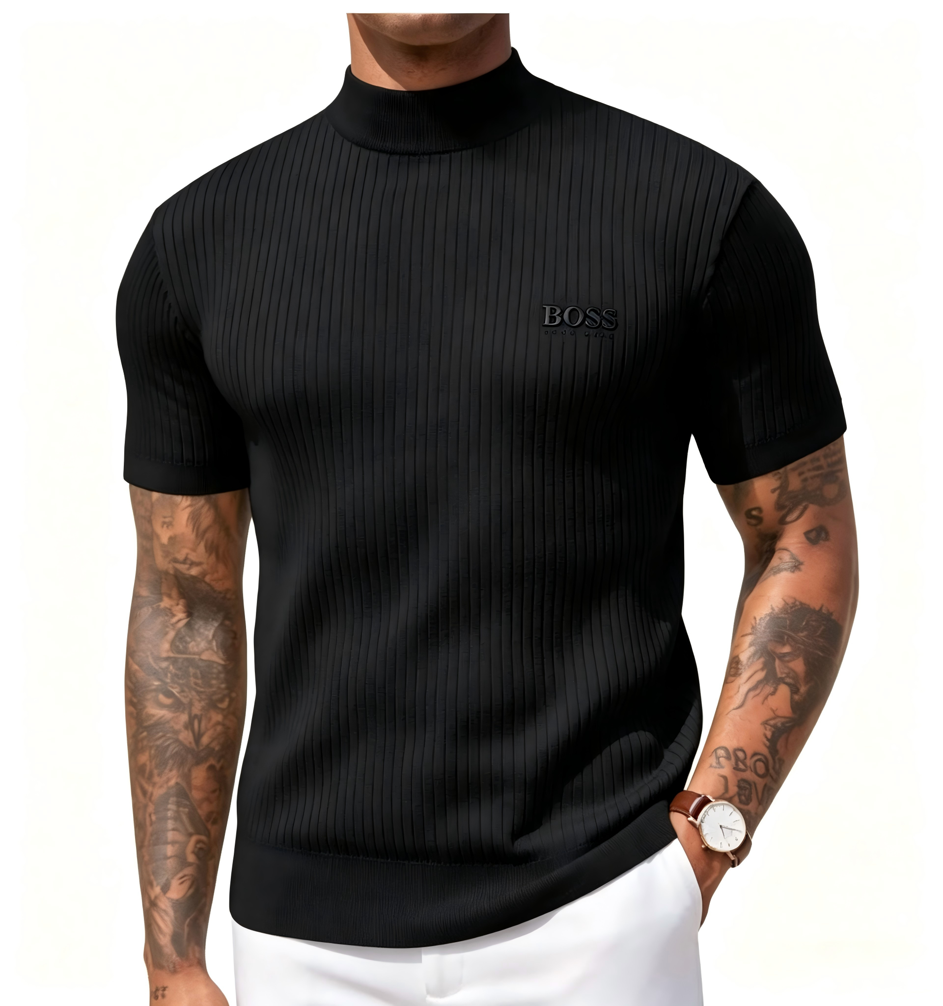 Men's high-neck short-sleeved knit sweater, vertical striped slim-fit pullover T-shirt, casual business top.