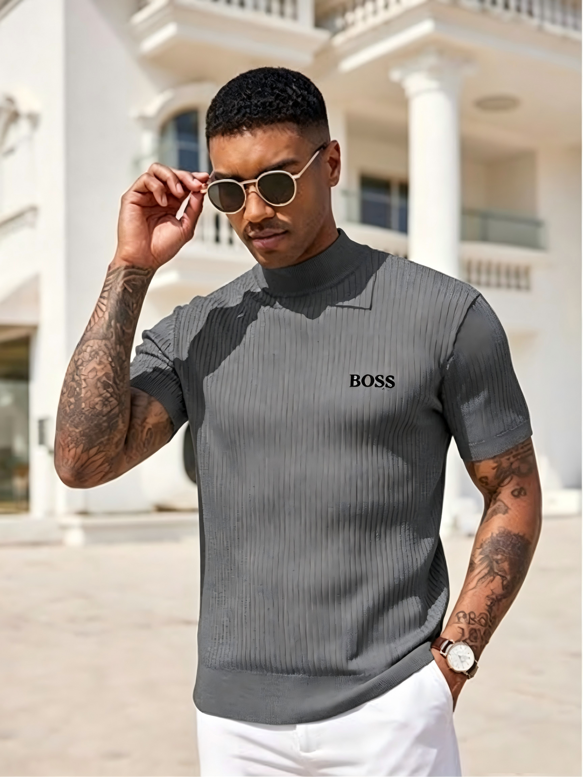 Men's high-neck short-sleeved knit sweater, vertical striped slim-fit pullover T-shirt, casual business top.