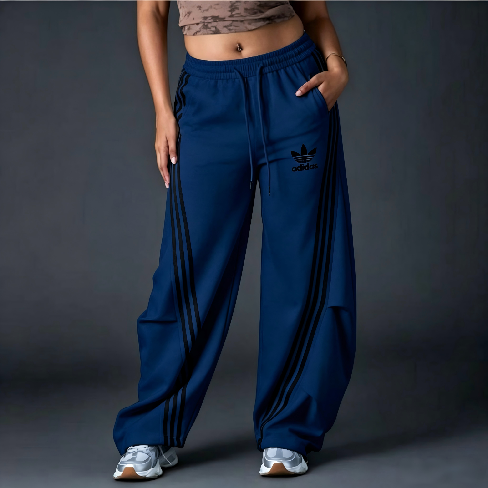 Women's Striped Wide‑Leg Sweatpants, Casual High Waist Drawstring Loose Fit Sport Trousers with Pockets for Daily Workout Streetwear