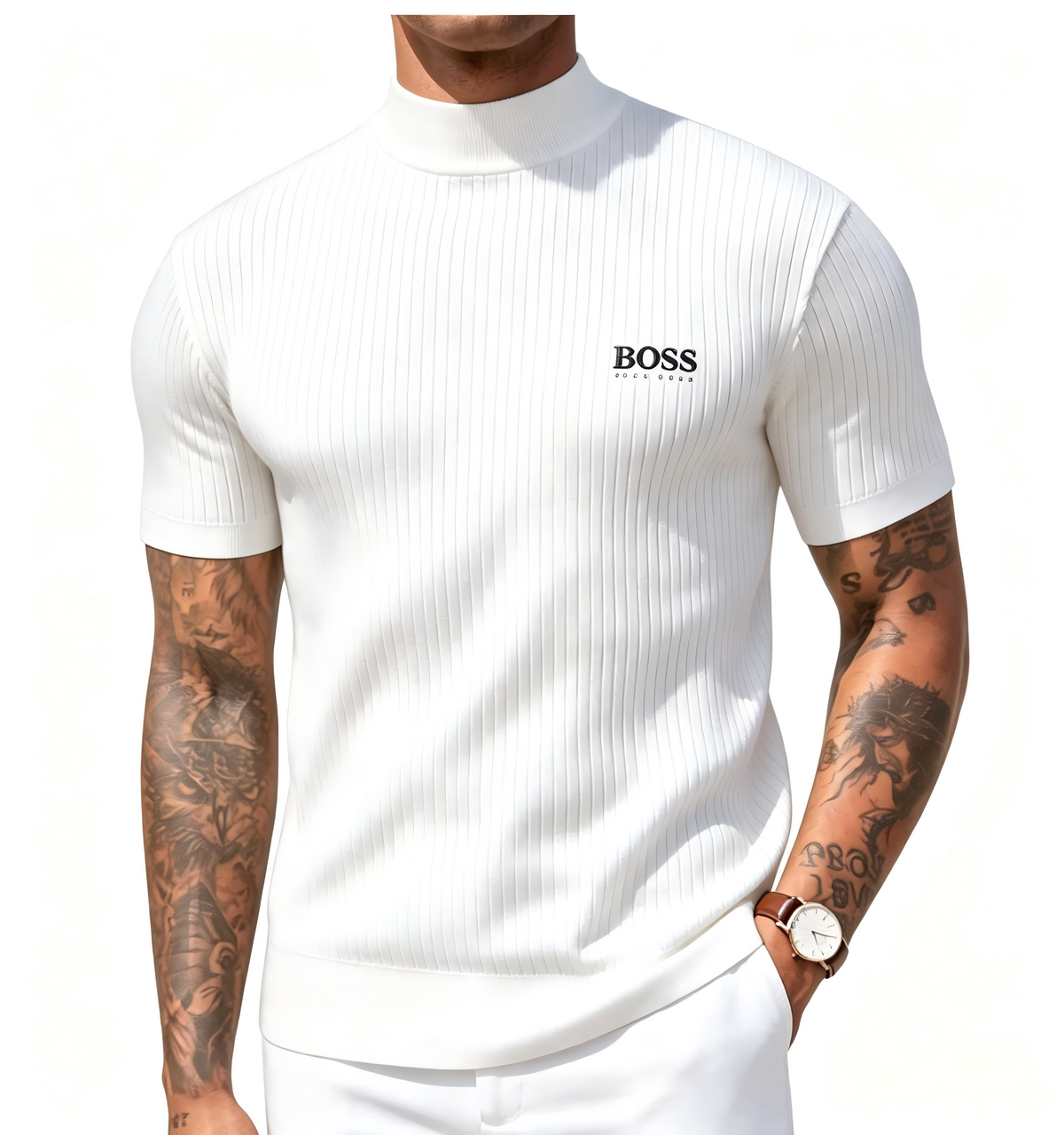 Men's high-neck short-sleeved knit sweater, vertical striped slim-fit pullover T-shirt, casual business top.