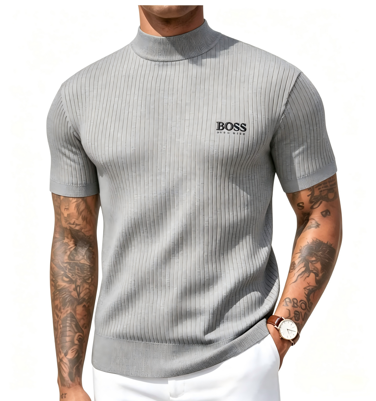 Men's high-neck short-sleeved knit sweater, vertical striped slim-fit pullover T-shirt, casual business top.