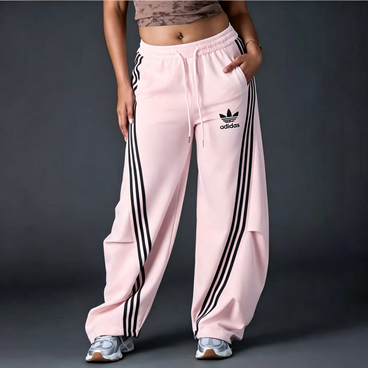 Women's Striped Wide‑Leg Sweatpants, Casual High Waist Drawstring Loose Fit Sport Trousers with Pockets for Daily Workout Streetwear