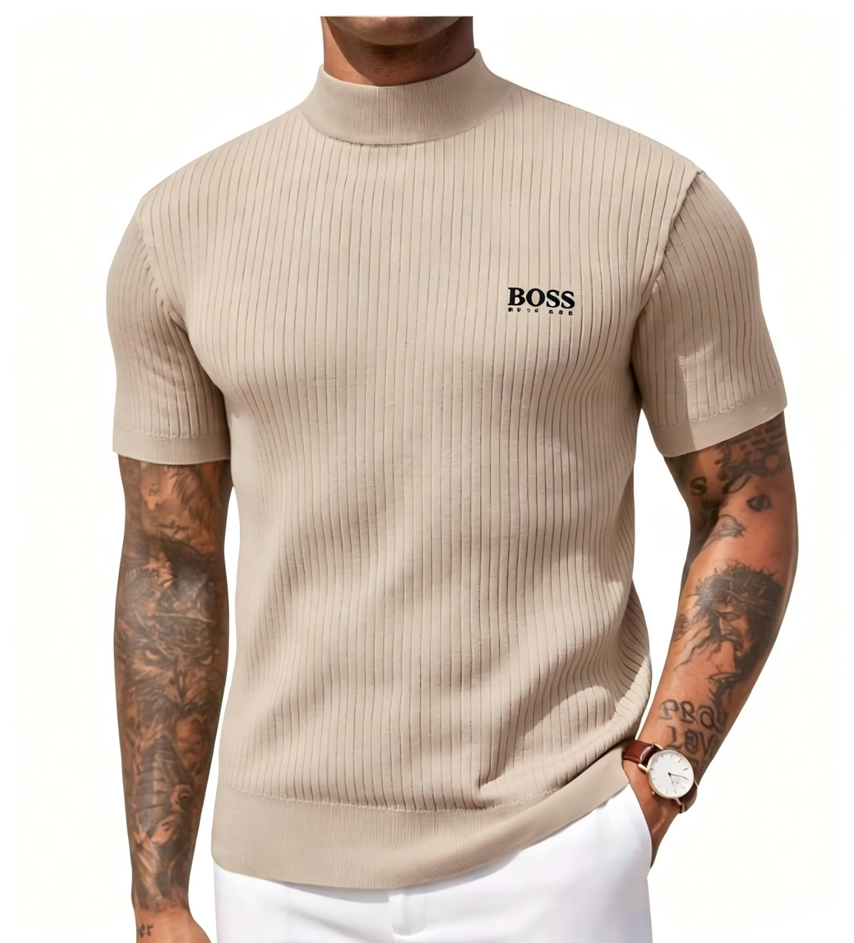 Men's high-neck short-sleeved knit sweater, vertical striped slim-fit pullover T-shirt, casual business top.