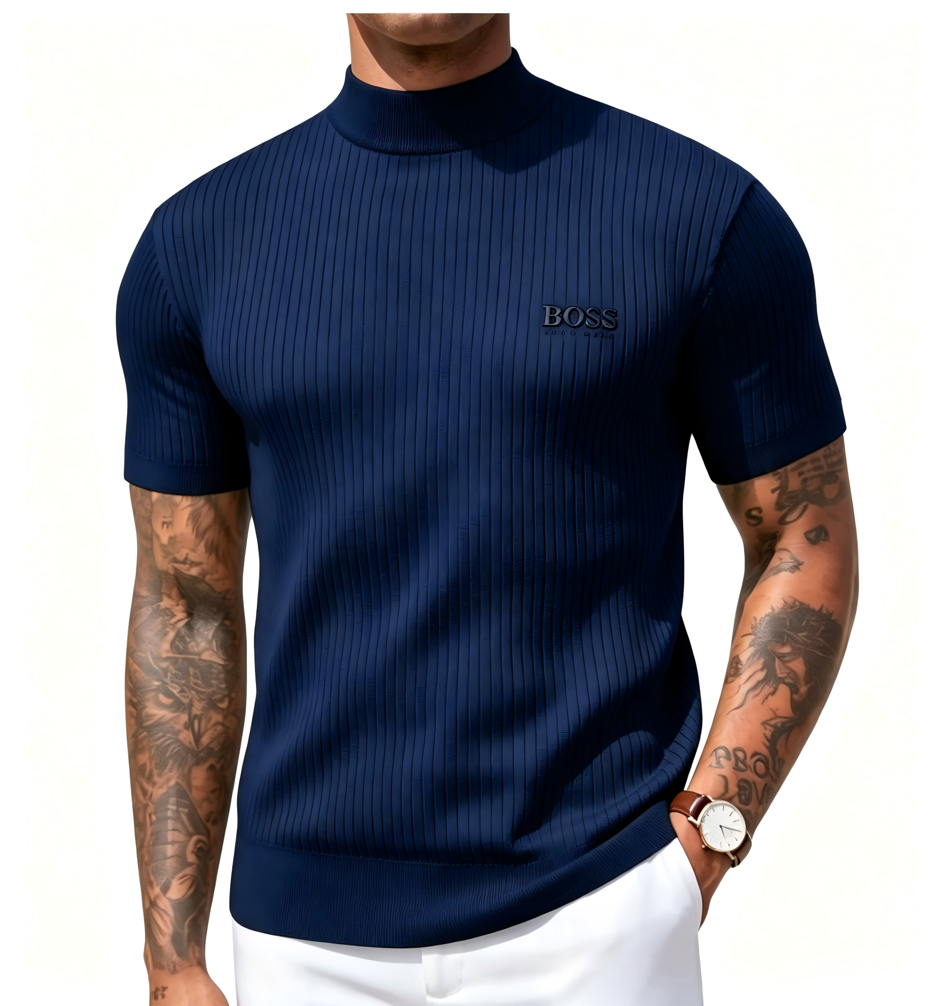 Men's high-neck short-sleeved knit sweater, vertical striped slim-fit pullover T-shirt, casual business top.