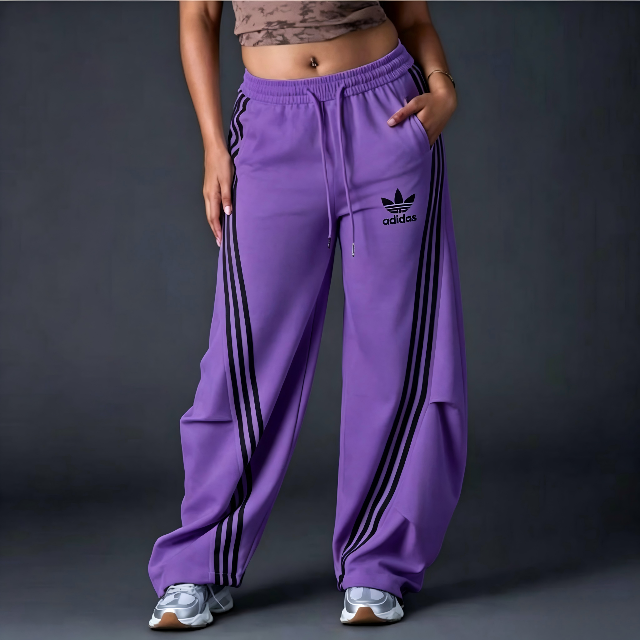 Women's Striped Wide‑Leg Sweatpants, Casual High Waist Drawstring Loose Fit Sport Trousers with Pockets for Daily Workout Streetwear
