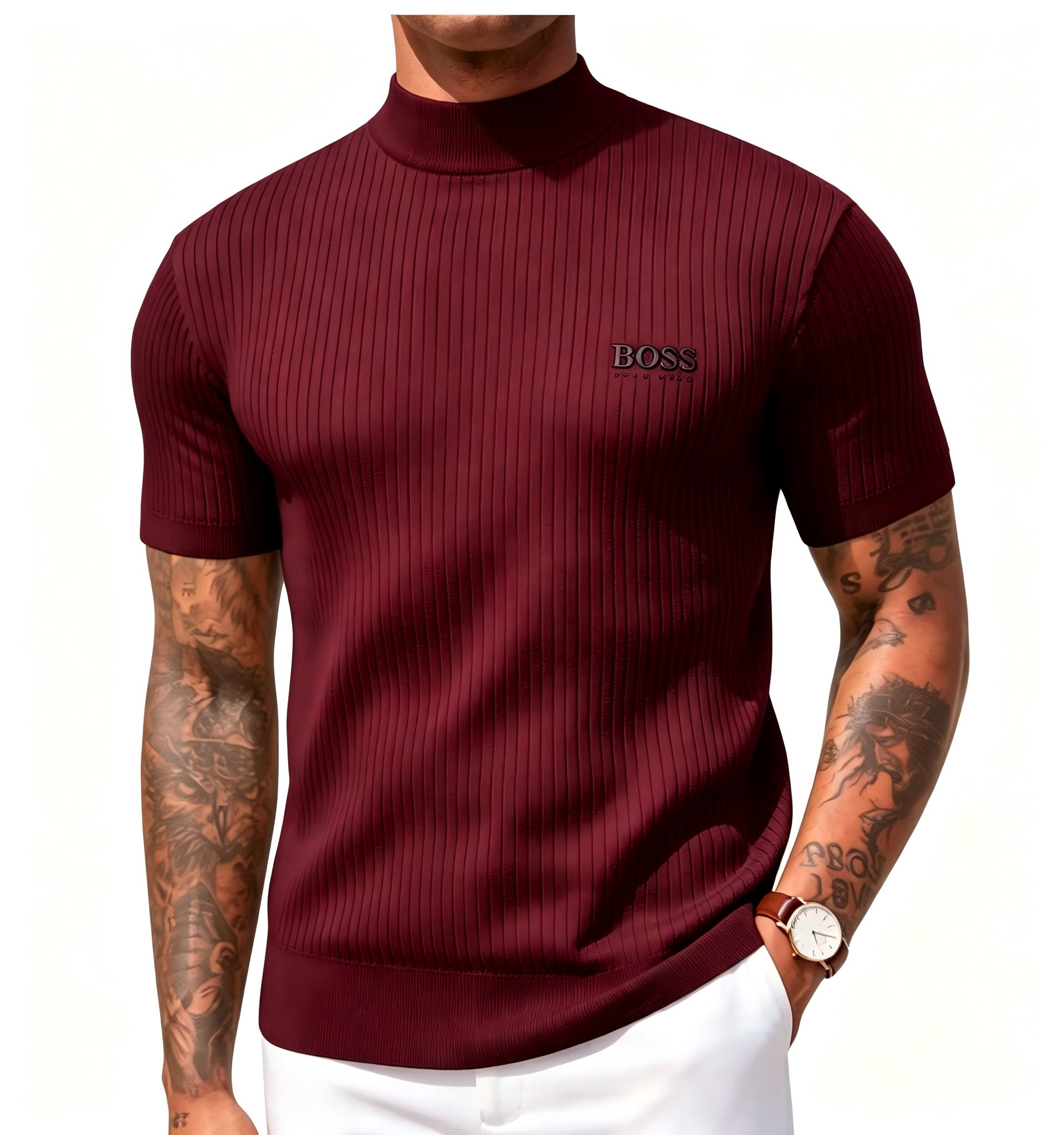 Men's high-neck short-sleeved knit sweater, vertical striped slim-fit pullover T-shirt, casual business top.