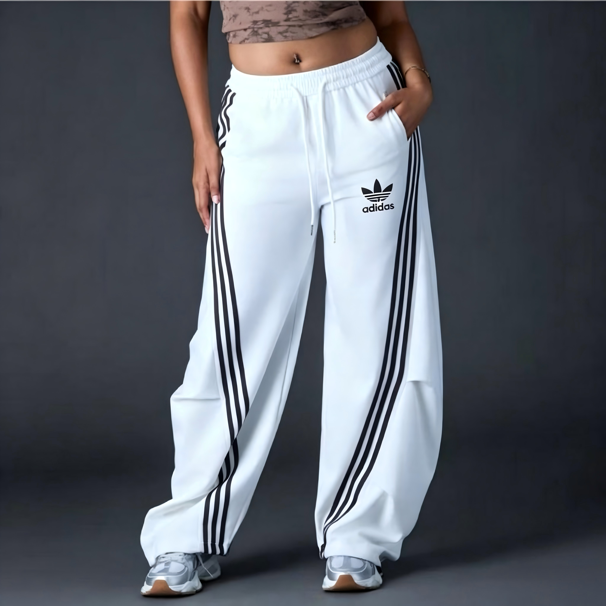 Women's Striped Wide‑Leg Sweatpants, Casual High Waist Drawstring Loose Fit Sport Trousers with Pockets for Daily Workout Streetwear