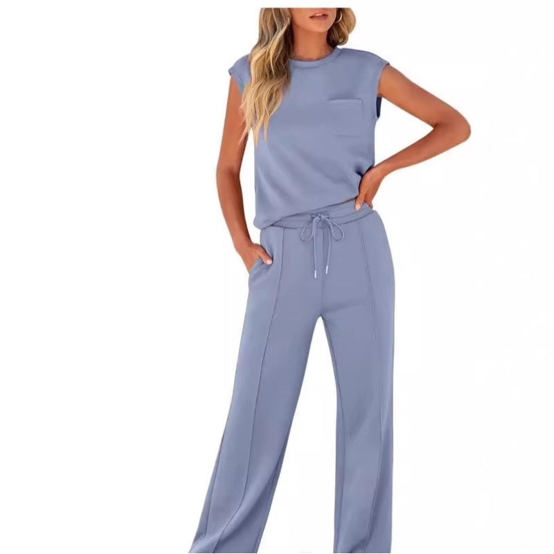 Women's Casual Solid Color Sleeveless Sports Suit, Everyday Ease Comfort Two-Piece Set