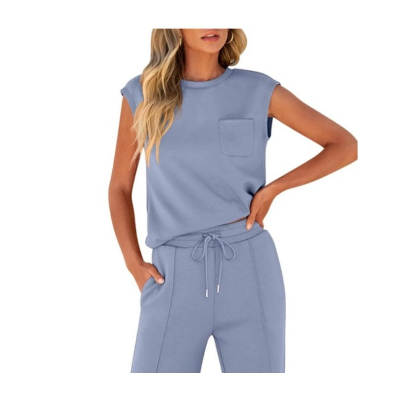 Women's Casual Solid Color Sleeveless Sports Suit, Everyday Ease Comfort Two-Piece Set