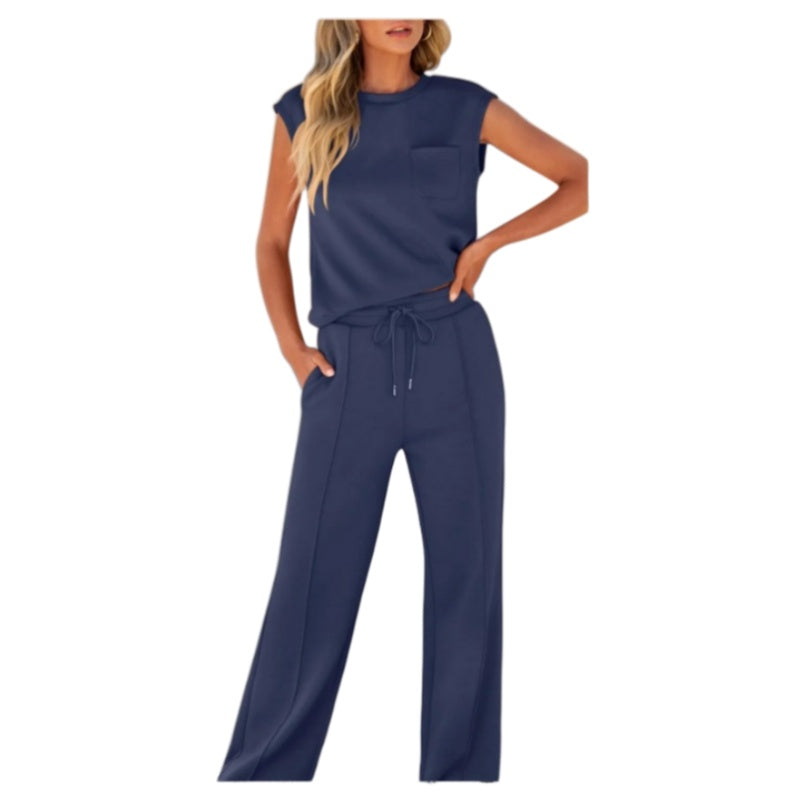 Women's Casual Solid Color Sleeveless Sports Suit, Everyday Ease Comfort Two-Piece Set