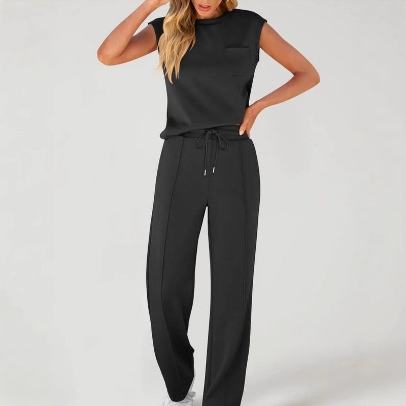 Women's Casual Solid Color Sleeveless Sports Suit, Everyday Ease Comfort Two-Piece Set