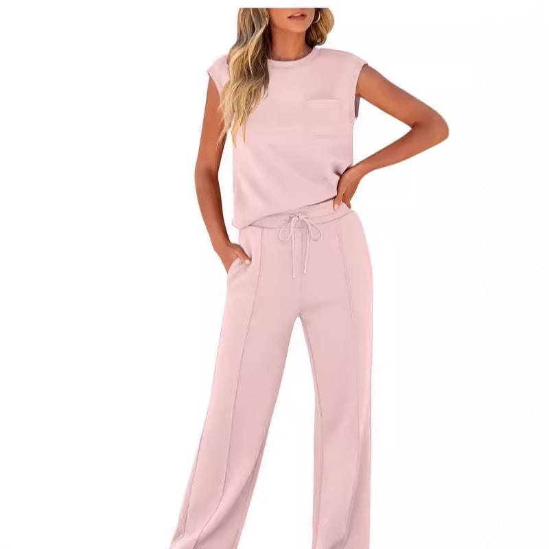 Women's Casual Solid Color Sleeveless Sports Suit, Everyday Ease Comfort Two-Piece Set